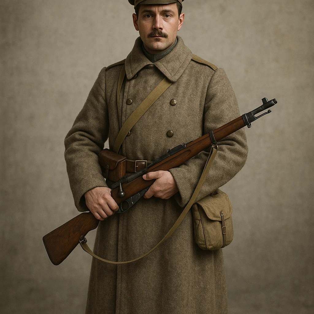 realistic style Russian soldier of World War I, greatcoat, rifle, forage cap, standing pose emoji