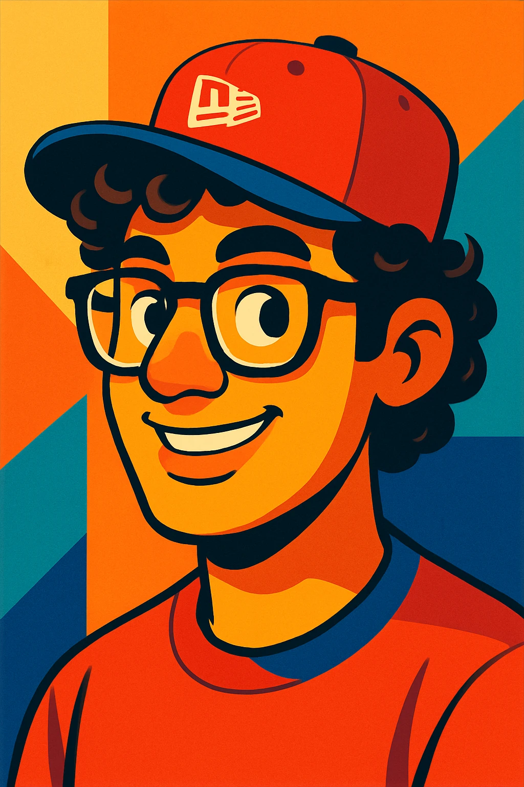 man with a New Era cap, curly hair, and glasses, realistic cartoon style emoji