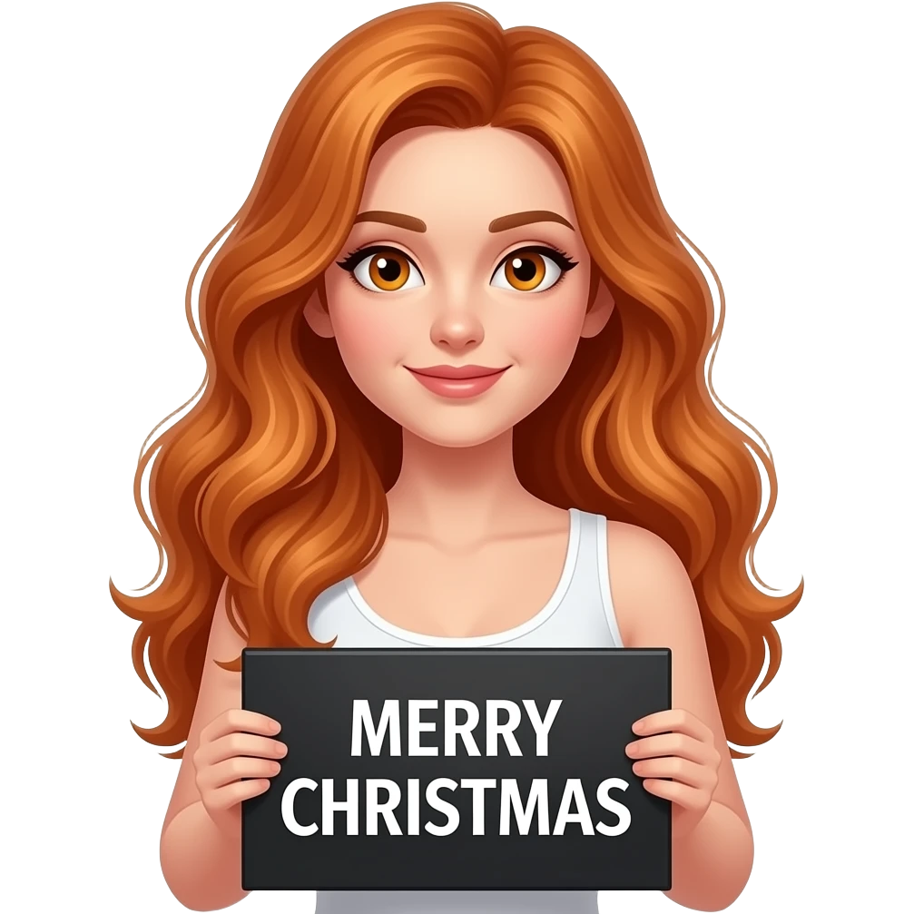 sexy girl with long wavy ginger hair and ginger eyes wearing a white tanktop is holding a black colored sign with MERRY CHRISTMAS written on it emoji