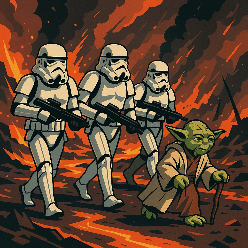 vector art of a Starwars stormtroopers is walking on lava planet with yoda, battleground background

 emoji
