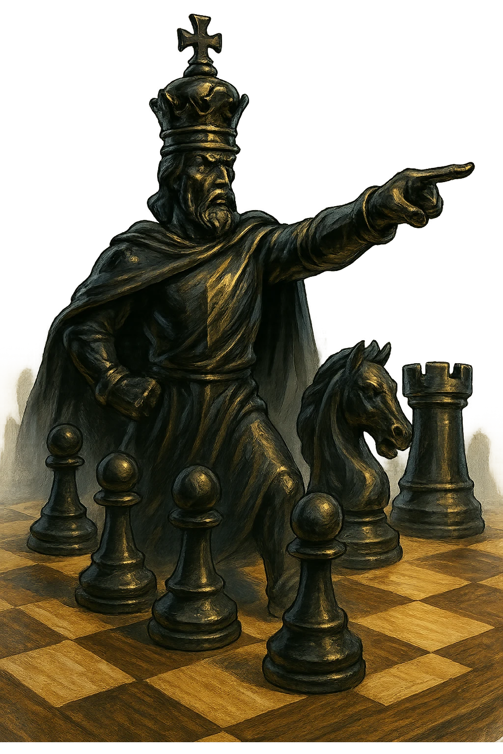 В cлегка рисованной, но при этом объемной, яркой и фотореалистичный стилистике сгенерируй картинку где по центру стоит шахматный король сделанный из качественного чёрного золота, он указывает пальцем в даль как военноначальник, а рядом фигуры пешек, конь, ладья, слон идут в атаку, на полу виднеется шахматная доска, фон позади фигур прозрачный фон emoji