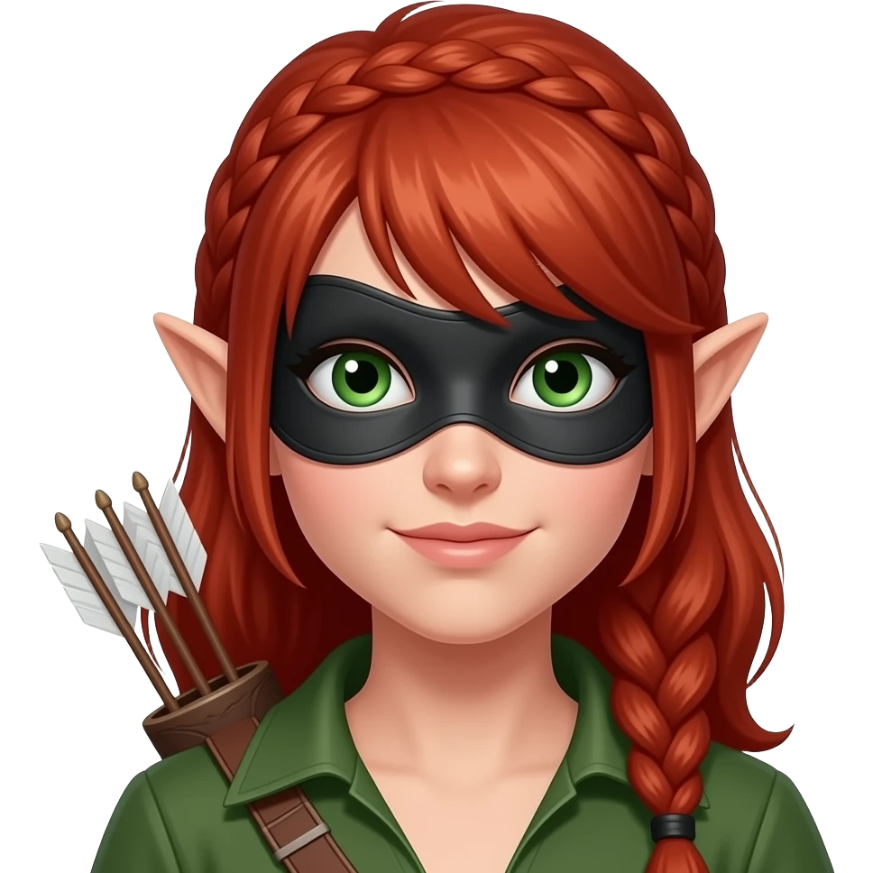 femme rousse aux yeux verts, cheveux tressés au dessus de la tête, ressemble à une elfe, archère, voleuse avec un masque qui cache ses yeux emoji
