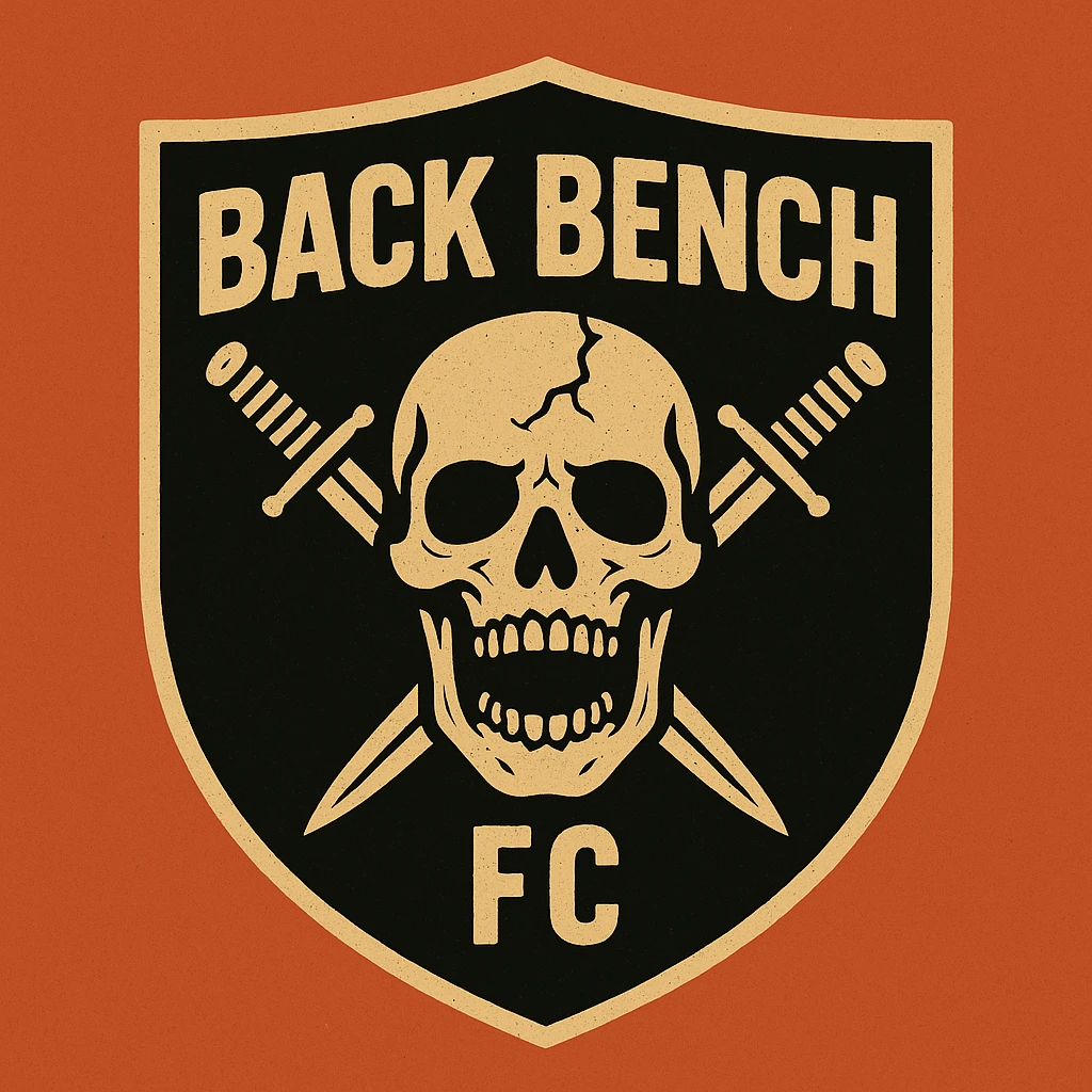 rebellious football club badge for 'Back Bench FC' with black shield, bold distressed 'BACK BENCH' at top, cracked skull with dark eye sockets and open mouth at center, two detailed daggers crossed behind skull, distressed 'FC' at base, thick beige outline, sharp shield edges, monochrome palette, urban punk style emoji