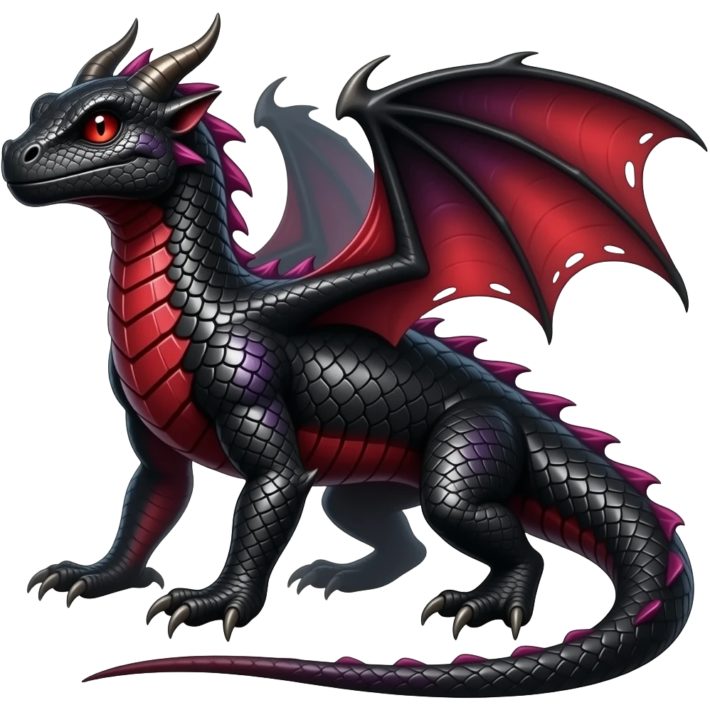 Obsidian-black and Ruby-red And Violet-purple lanky elegant evil badass handsome slick oily lizard-Salandit-demonic-reptilian-Draco emoji