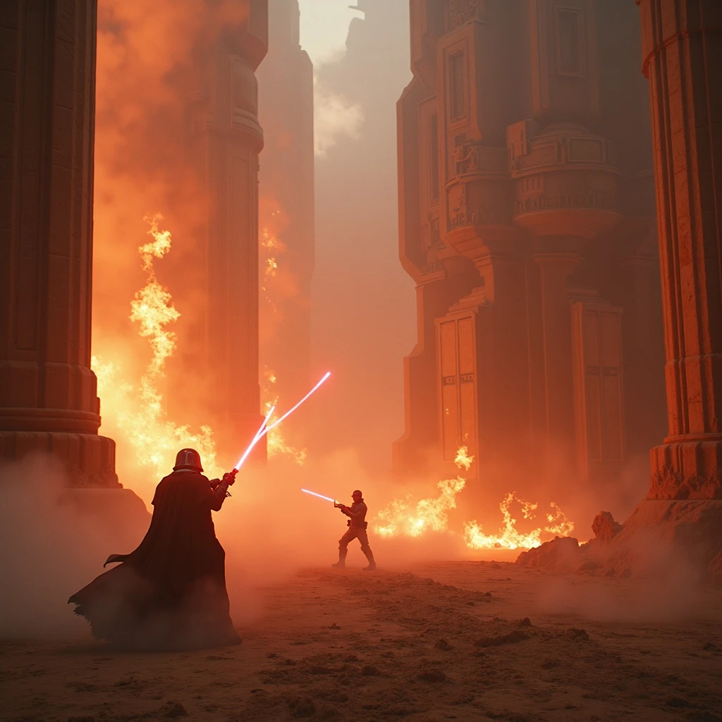 BLASTER FIRE ZIPPING EVERYWHERE, SMOKE, DISTINCTIVE ARCHITECTURE OF A STAR WARS FIGHT SCENE emoji