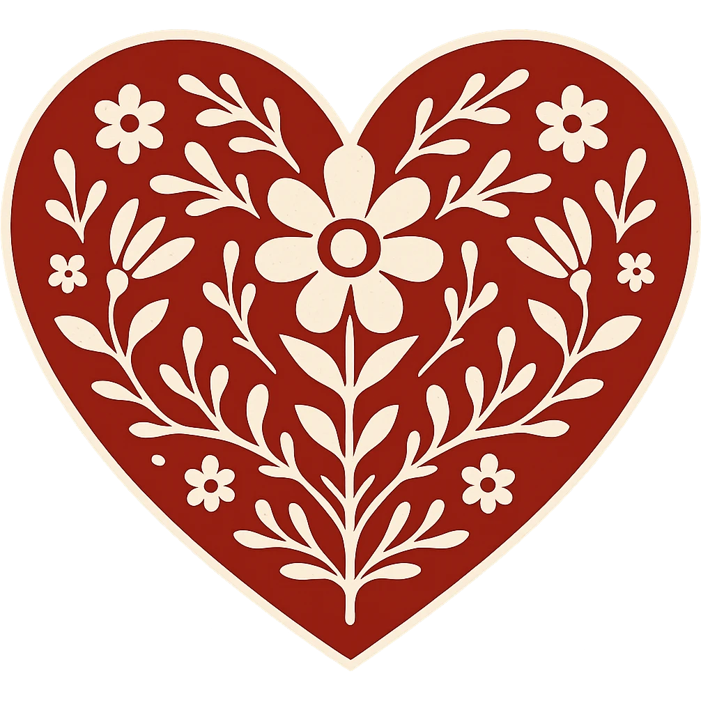 Add a white outline around the motif so it stands out against the red heart. Keep the motif simple and bold, maintain the red color and the border around the heart. The style should be Slavic folk art. Transparent background. emoji