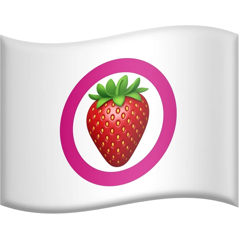 a white flag with a strawberry on the flag. the strawberry has a pink ring surrounding it on the flag emoji