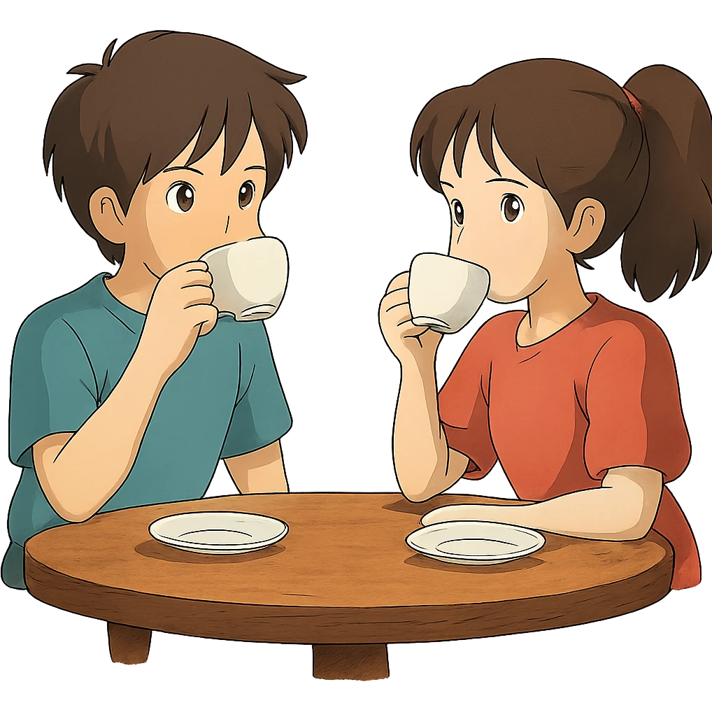 ghibli style boy and girl sitting at a table sipping coffee emoji