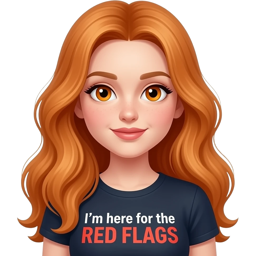 sexy girl with overlong ginger hair and ginger eyes a top with I'm here for the RED FLAGS written on it emoji