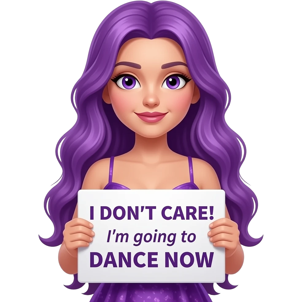 sexy girl with long purple hair and purple eyes wearing a sexy dress holding a I DON'T CARE! I'm going to DANCE NOW sign emoji