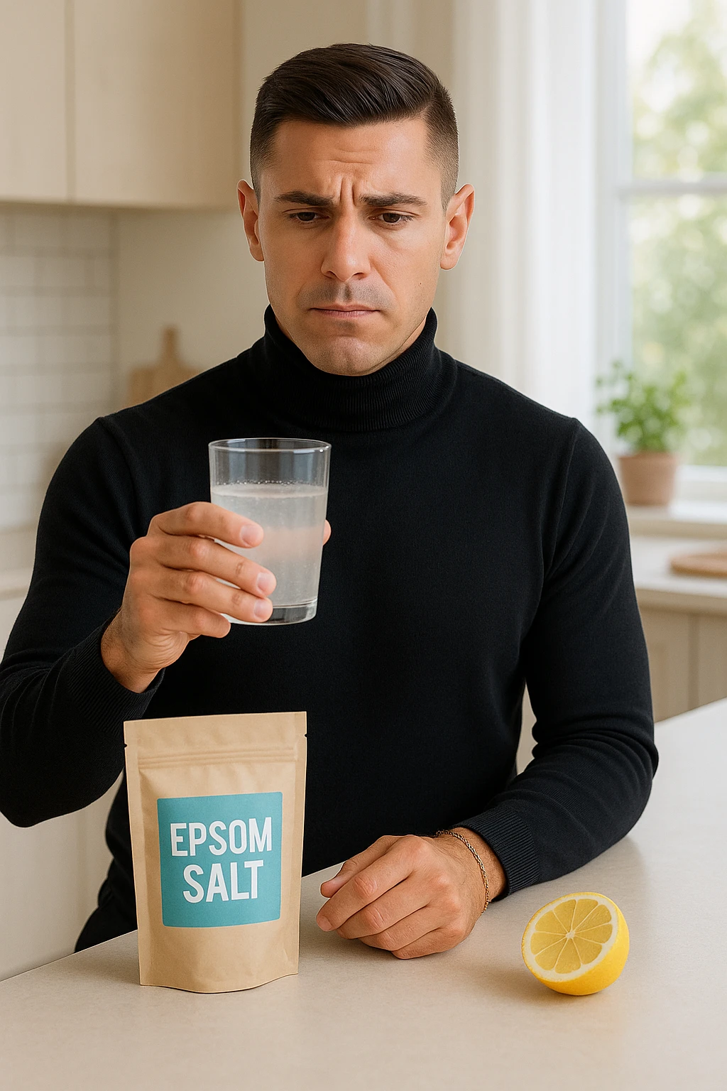 A realistic, bright photo-style image of a young man in his 30s standing in his kitchen, holding a clear glass filled with water in which Epsom salt (magnesium sulfate) has been dissolved. He looks focused but slightly uncertain as he prepares to drink it for a liver flush or digestive cleanse. The glass shows slight cloudiness from the dissolved salt. On the counter are a packet labeled 'Epsom Salt' and a sliced lemon, suggesting he might use it to mask the taste. The setting is clean, natural, and bright with neutral tones. The background shows sunlight streaming through a window, emphasizing a clean, minimalist health-focused environment. The mood conveys a realistic, calm moment of self-care with a hint of discomfort, illustrating a natural detox practice emoji