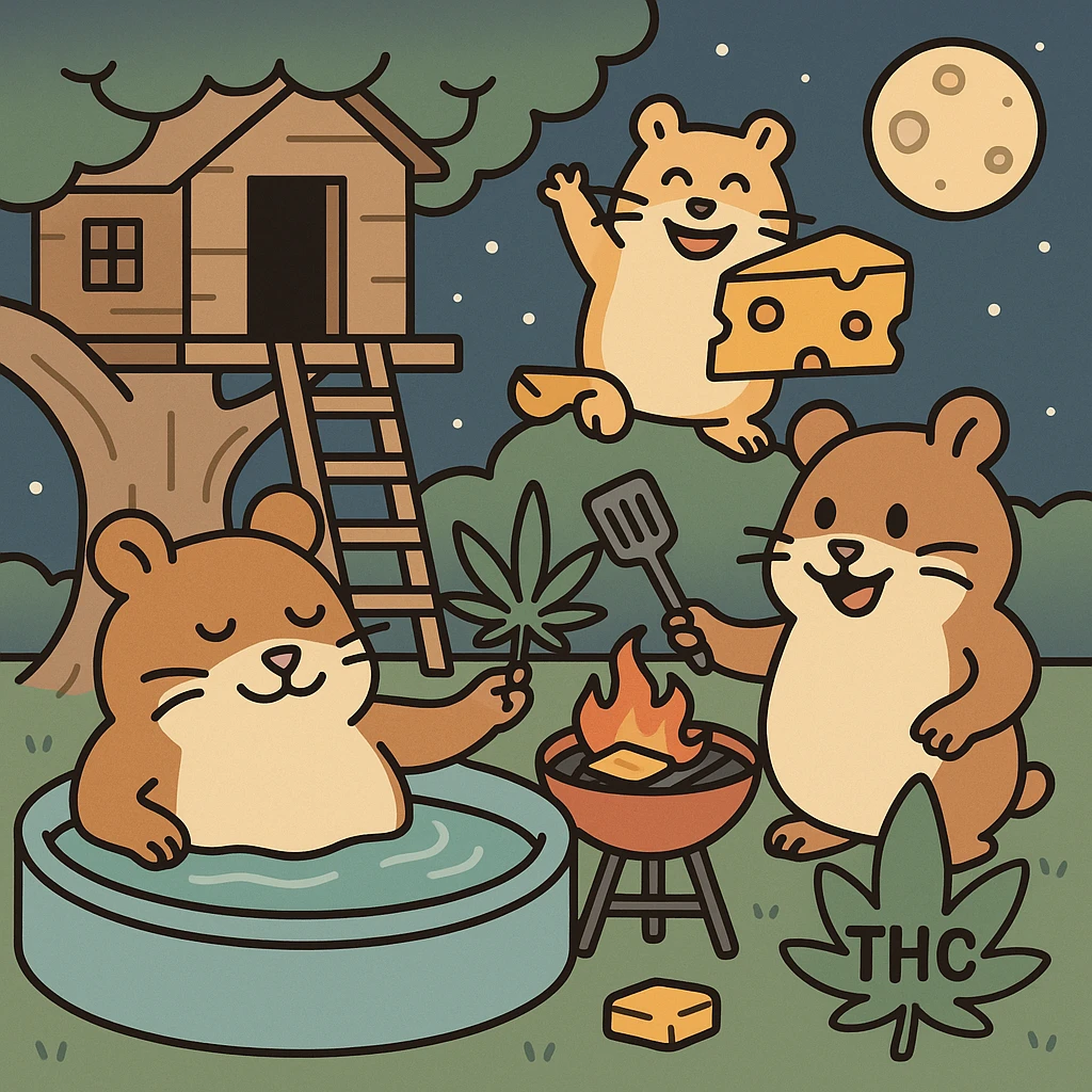 Discord server icon, square format, summer pool cookout scene with up to 3 hamsters, weed leaf, cheese, and THC theme, near a treehouse, in space. Flat toon style, soft but colorful, bold outlines, nostalgic, fun, inviting, summer party vibe, clear composition, less vibrant colors, designed to look good even at small tiny size emoji