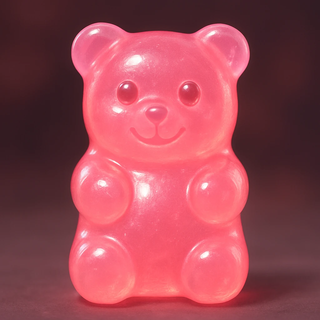 a pink gummy bear, semi-transparent, with a sweet and friendly look emoji