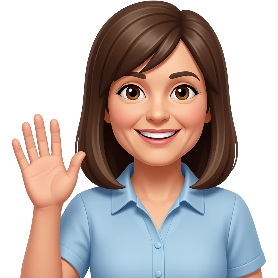longer straight brown hair female 50 years old brown eyes sharp features show the emoji smiling and waving features emoji