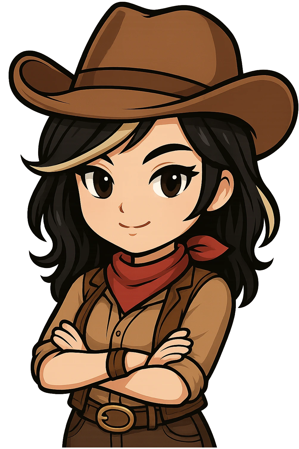Chibi cowgirl with slightly longer hair and a blonde streak, wearing a cowboy hat and western outfit, no guns, chibi/anime style, transparent background, sized for Twitch or Discord use. Pose: arms crossed, confident expression. emoji