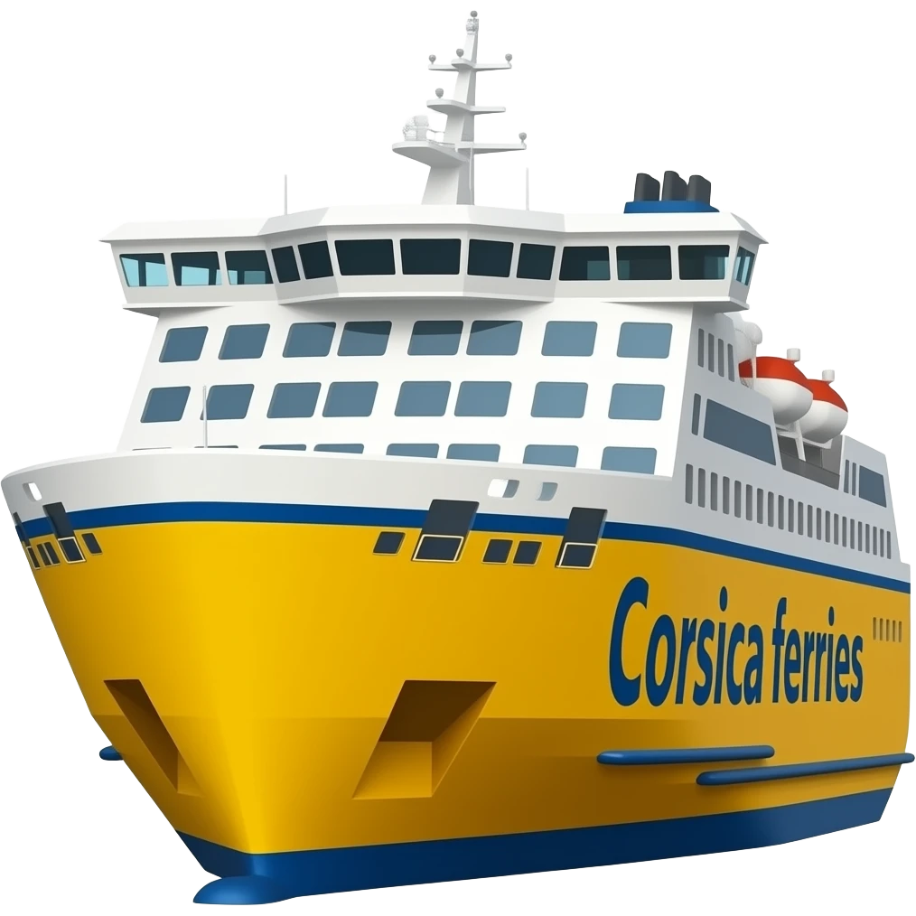 Ferry jaune et blanc avec des vitres a l'arrière et écrire Corsica ferries emoji