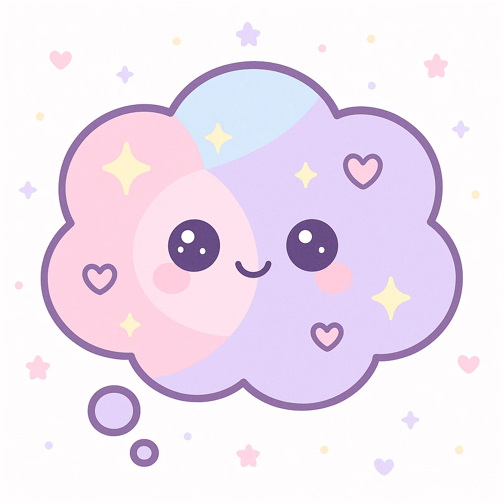 thought bubble with girly feminine touch, soft pastel colors, heart and sparkles, cute playful vibe emoji