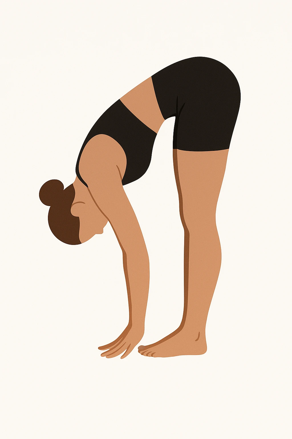 Minimalist flat vector illustration of a woman doing yoga in forward fold pose (Uttanasana), wearing sportswear (black top and black shorts), brown hair in a bun, clean white background, no face details, elegant style emoji