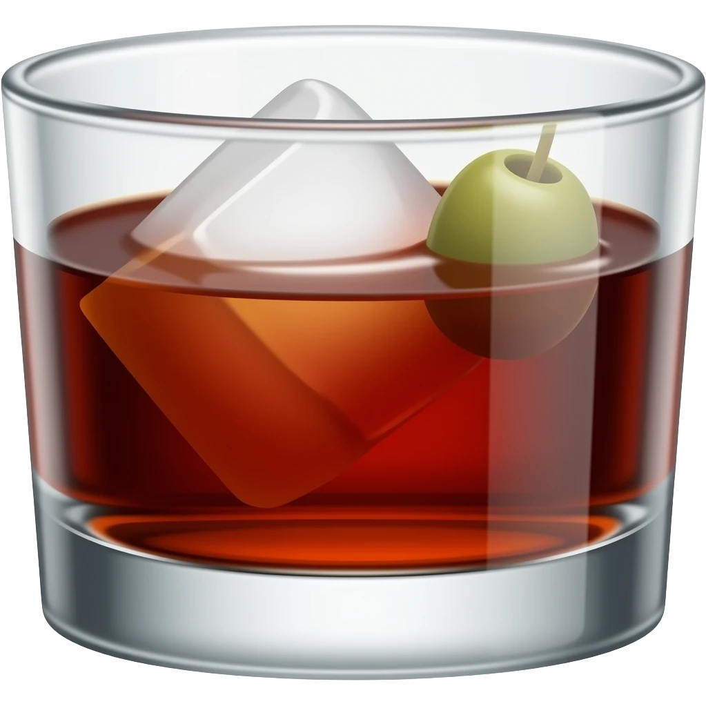 A short whiskey glass 3/4 full with dark red vermouth, a big block of ice and an olive emoji