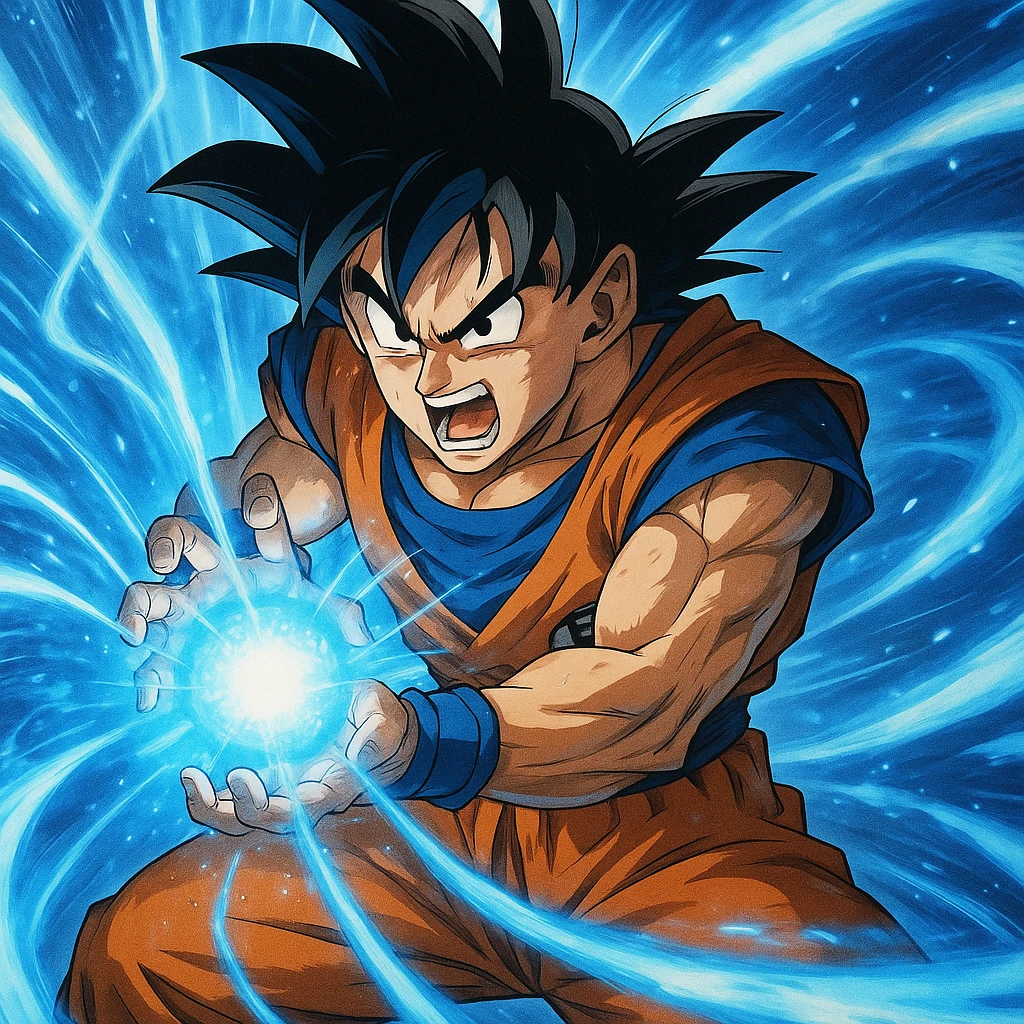 Son Goku, performing Kamehameha energy attack, intense expression, glowing blue energy, anime style emoji