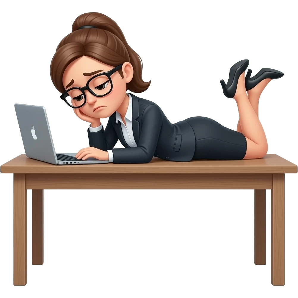 Mujer profesional,con anteojos,usando laptop,acostada,cansada,exausta, en su escritorio emoji