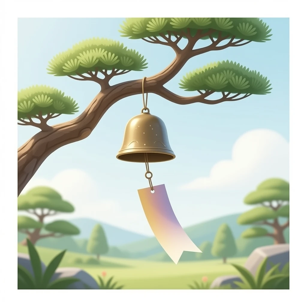 "A Japanese furin wind chime hanging from a bonsai tree branch. A single rectangular paper strip is attached below, moving softly with the wind. The paper changes color randomly each time. Minimalist scene, soft natural lighting, calm atmosphere, Japanese aesthetic." emoji