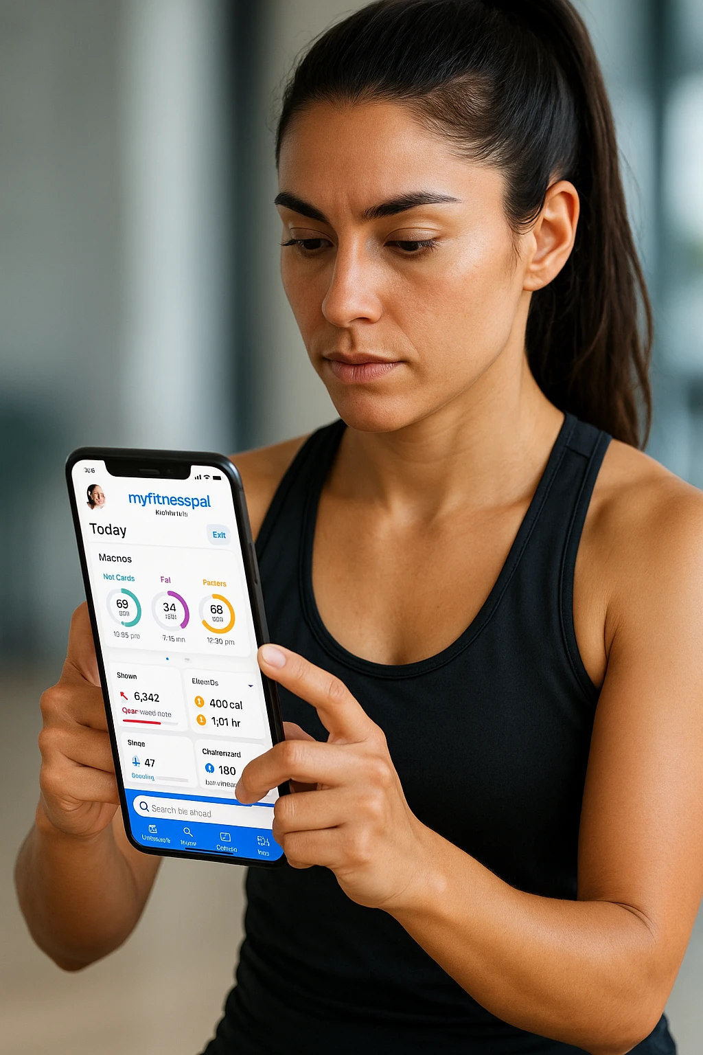 Donna sportiva che usa app contacalorie come myfitnesspal emoji