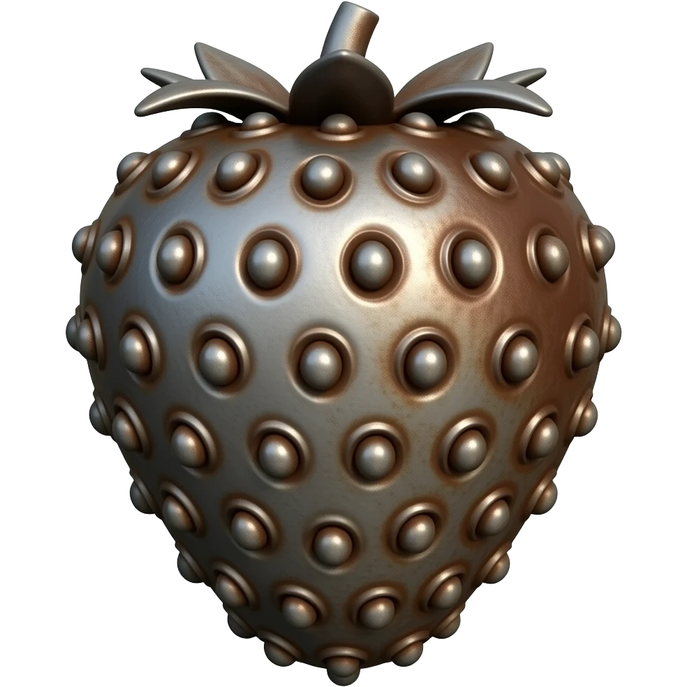 steampunk style - a rusty metal structure with many rivets in the shape of a strawberry emoji