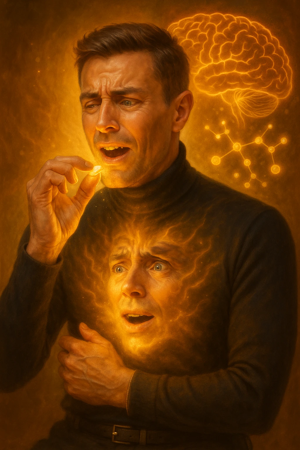 "Man taking simple sugar tablet believing it's powerful medicine, golden healing light emanating from pill as it dissolves, his chronic pain visibly dissolving as relief spreads across his face, expression transforming from suffering to amazement, brain chemistry changing through pure belief, microscopic view showing endorphins releasing purely from expectation, body healing itself through mind's conviction" emoji