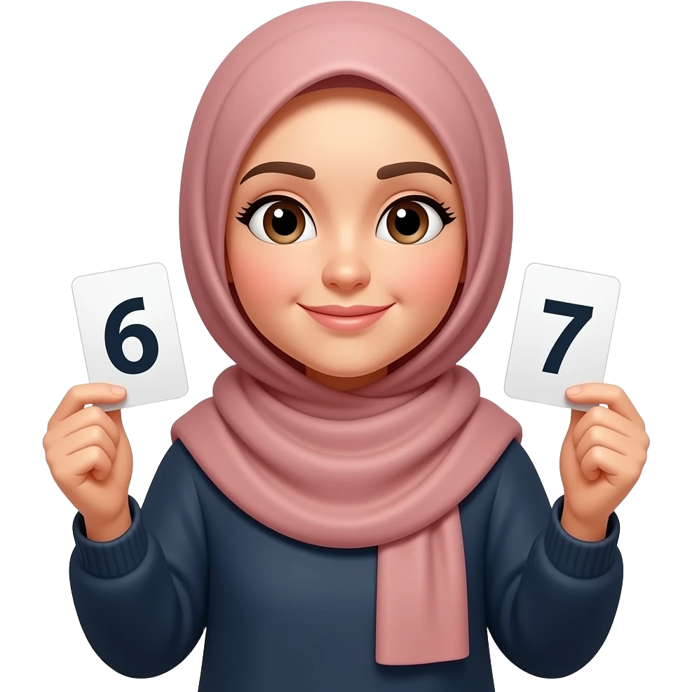 hijabi woman holding 6 in one hand and 7 in the other hand emoji