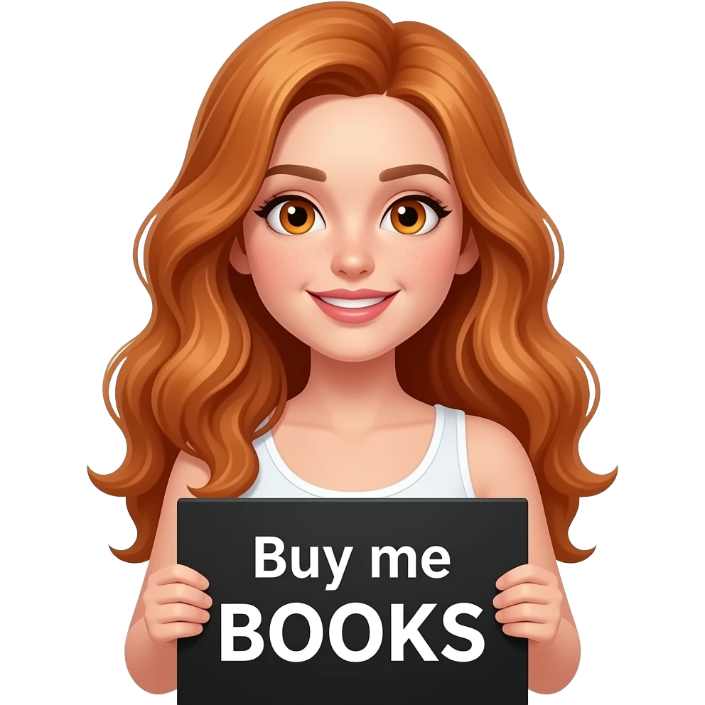 sexy girl with long wavy ginger hair and ginger eyes wearing a white tanktop is holding a black colored sign with Buy me BOOKS written on it emoji