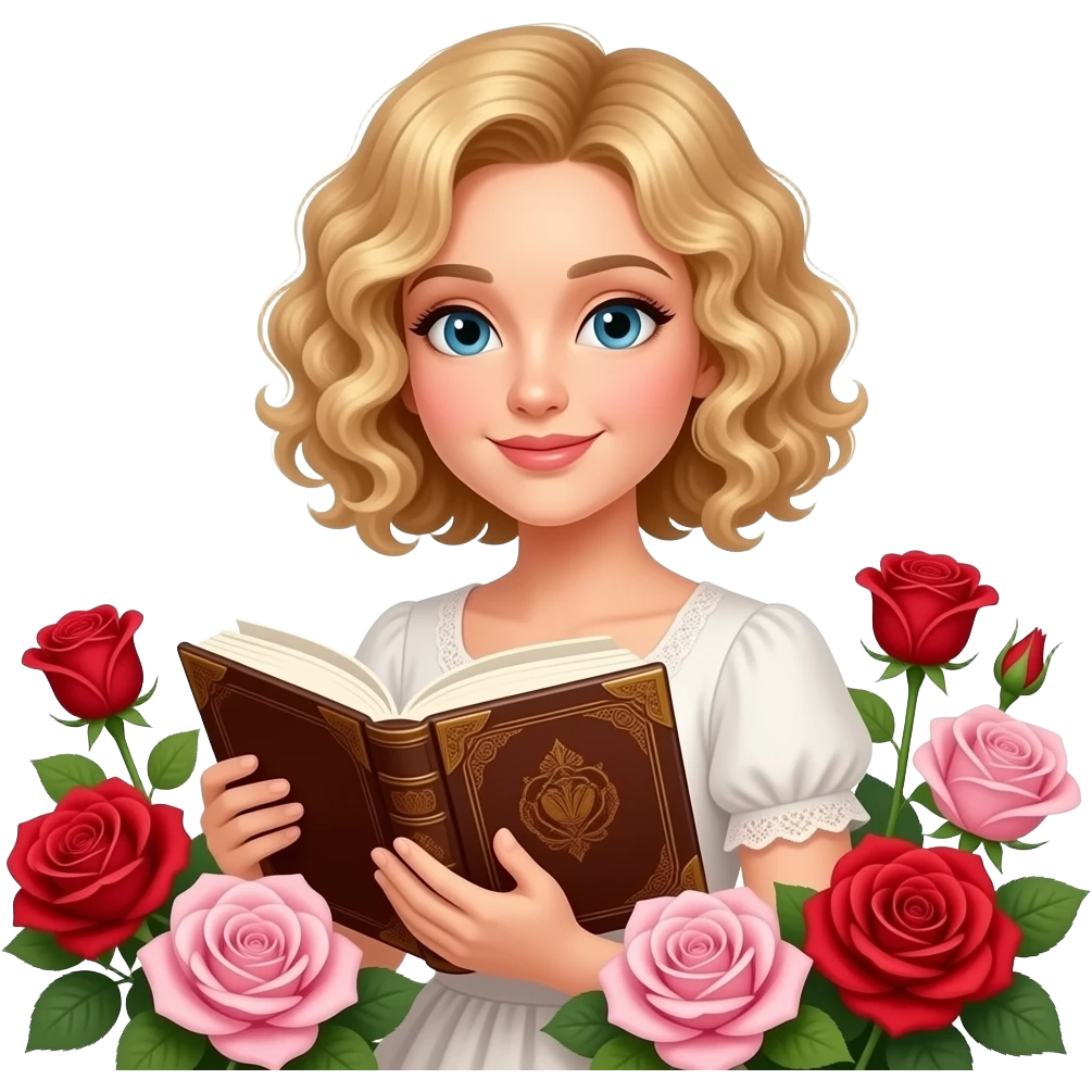 blonde curly bob reading an antique book in red and pink flowers emoji