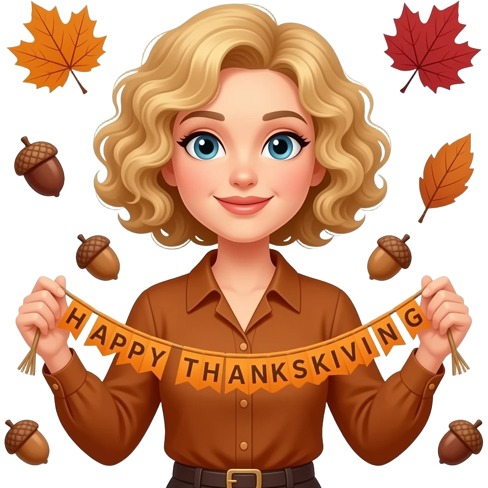 blonde tight curly hair in a short bob Happy Thanksgiving banner and acorns and brown and red leaves around in a brown blouse emoji