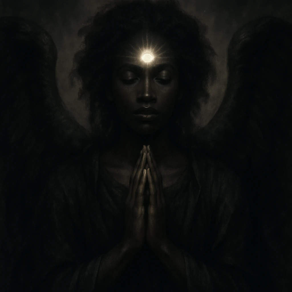 a black angel in a praying pose with a flashing third eye, dramatic and mystical style, ethereal atmosphere emoji