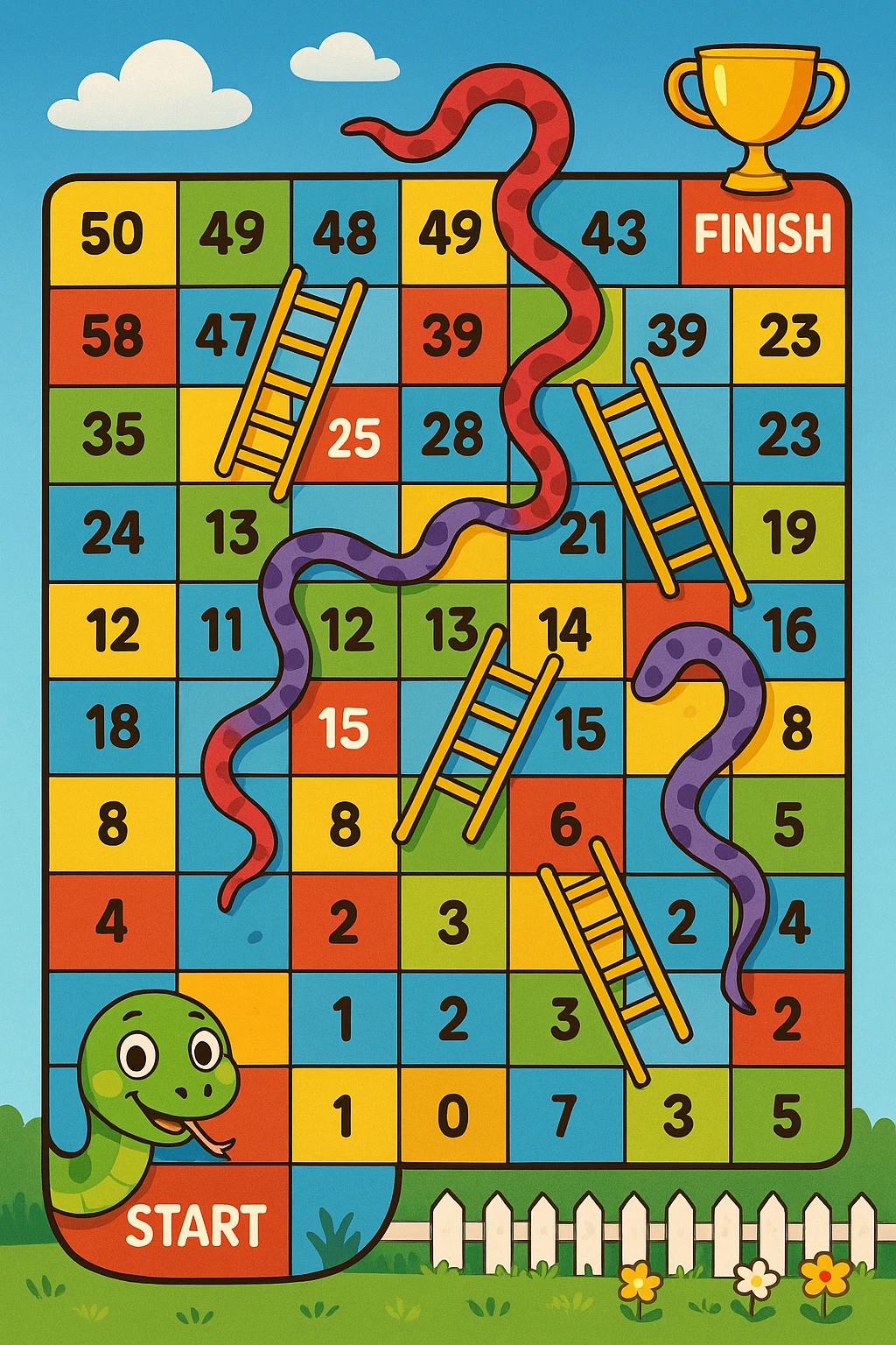 Create a colorful rectangular board game path in the classic "Snakes and Ladders" style. The path consists of 50 numbered squares arranged in a winding pattern across 4–5 horizontal rows. The path starts in the bottom-left corner with a cheerful cartoon snake's face and the word "START", and ends in the top-right corner with a trophy icon and the word "FINISH". Include several snakes that slide the player down (curvy red or purple snakes with playful expressions) and ladders that move the player up (brightly colored ladders with blue or yellow rungs). Some squares are colored differently (e.g. red, blue, yellow) to indicate special actions. The background is bright and fun, with a blue sky, white clouds, green grass, and a picket fence with flowers. Style: digital cartoon illustration with bold lines, vibrant colors, and a joyful, child-friendly atmosphere. The entire board should be playful, engaging, and suitable for kids aged 5–10. emoji