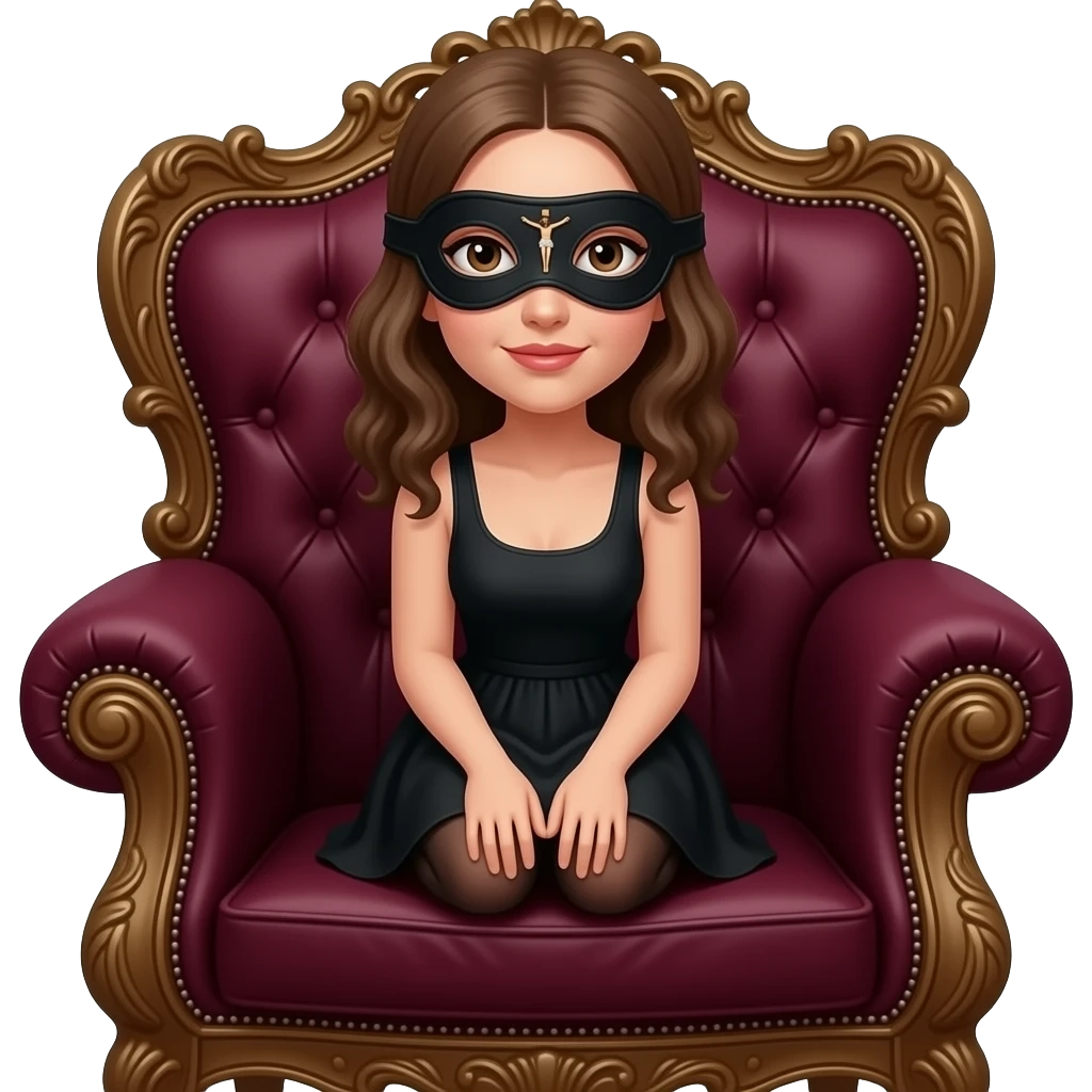 The female vintage figure is in a crouching on the armchair covered with heavy fabric. The most prominent detail is the black eye mask with a small figurine of the crucified Jesus sewn between the eyes emoji