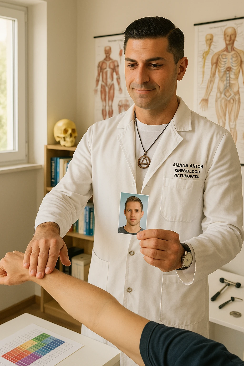 a middle-aged man, dressed in casual professional attire, is in a bright, organized therapy studio. Durante una visita di kinesiologia, il ragazzo tiene con una mano la foto di una persona lontana (il “testimone”) tiene la foto in mano, mentre con l’altra mano esegue un test muscolare su un cliente presente senza foto. Sullo sfondo si vedono libri di kinesiologia, poster anatomici e strumenti tipici della disciplina. L’atmosfera è concentrata e serena, con luce naturale che entra dalla finestra, sottolineando l’aspetto alternativo e umano della pratica. emoji