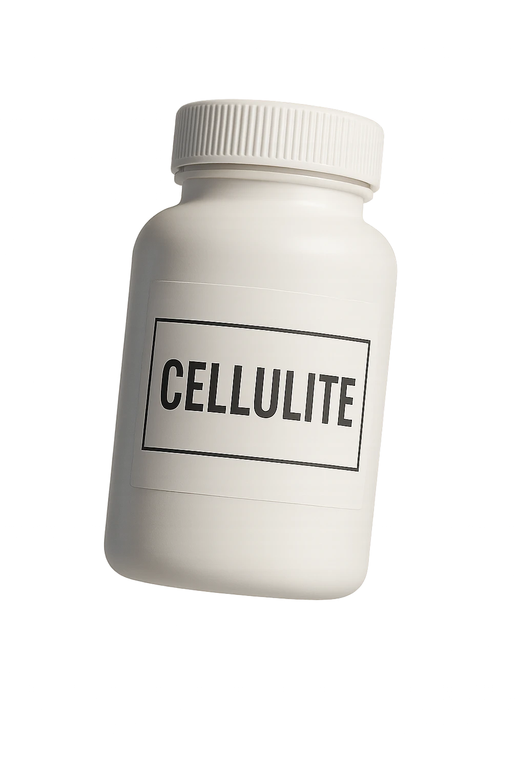 UNA BOCCETTA DI INTEGRATORE BIANCA CON LA SCRITTA "CELLULITE" SULL'ETICHETTA CHE FLUTTUA IN ARIA, IPERREALISTICA 4K emoji