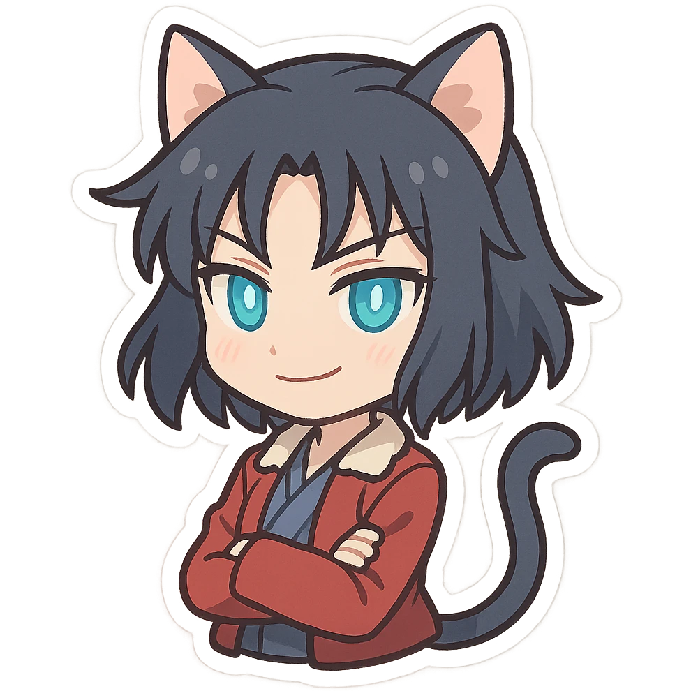 chibi Ryougi Shiki with cat ears and cat tail, magical eyes, smirking expression emoji