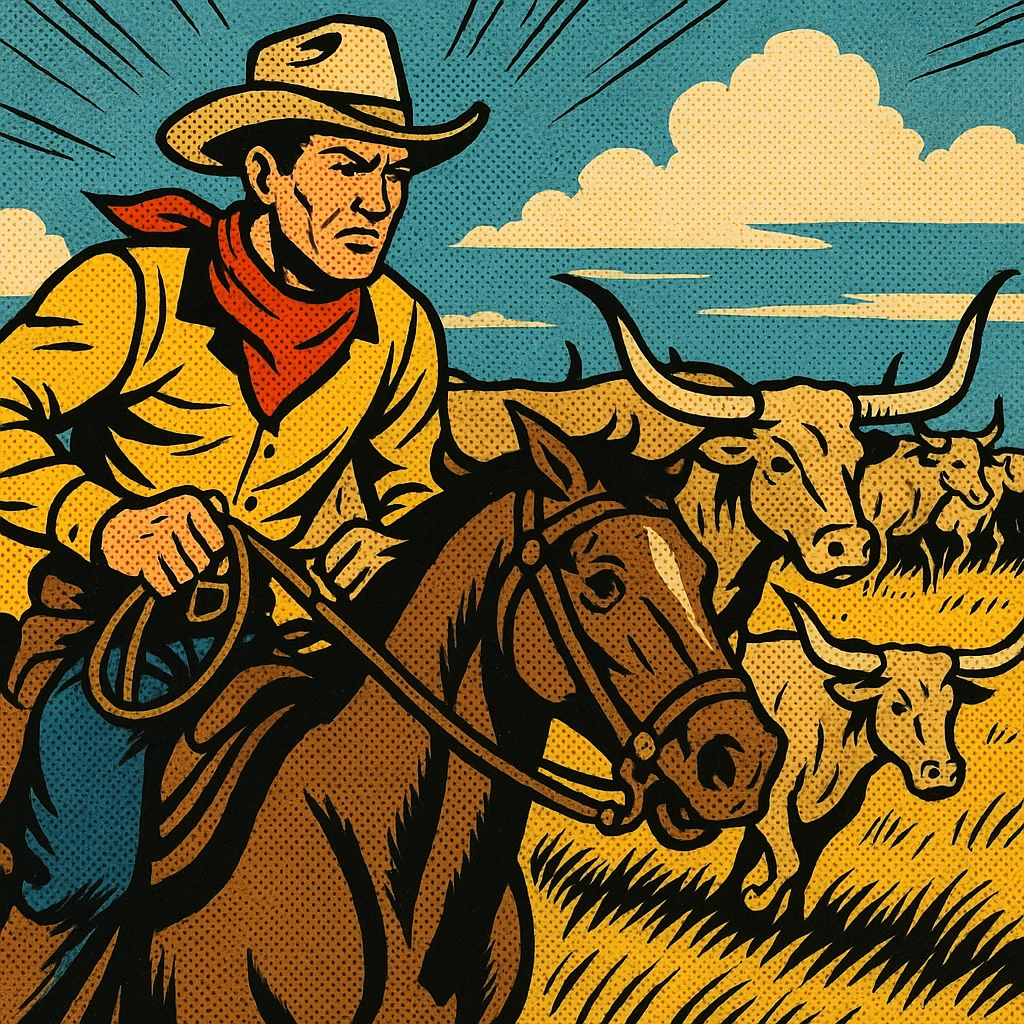 An American West cowboy on his horse on a cattle drive.  In the background are texas longhorn cattle and the grasslands of the Great Plains. emoji