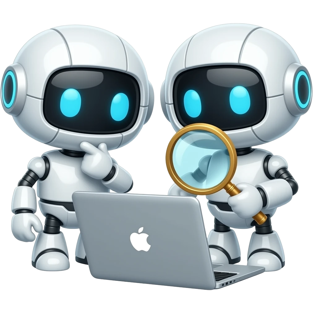 cute 2 robots use 1 mac book , use together -- 1 of them acting like thinking, another one hold mignifying glass, they try to find sth on macbook emoji