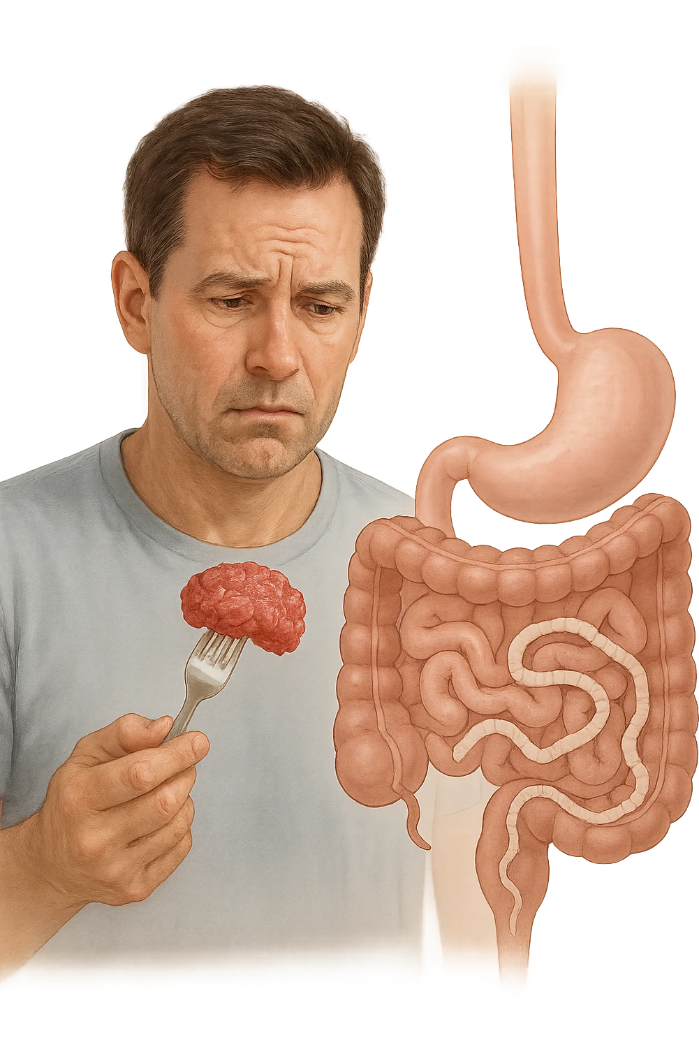 A realistic, high-quality medical illustration showing a concerned man in his early 40s holding a piece of raw beef tartare on a fork, looking at it with a worried expression. Behind him, a transparent overlay of his digestive system reveals the presence of Taenia saginata (beef tapeworm), depicted as a long, segmented white worm inside his intestines, symbolizing the infection. The environment is a kitchen with bright but neutral lighting, creating a serious educational tone. Subtle anatomical highlights and clean medical graphics convey the concept of parasite transmission through undercooked beef, emphasizing food safety and health awareness. emoji