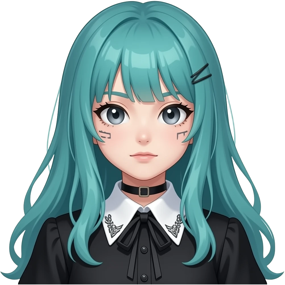 anime girl, silly face, face tattoos, long flowing teal hair, grey eyes, black shoulder cyberpunk blouse with fancy white collar emoji