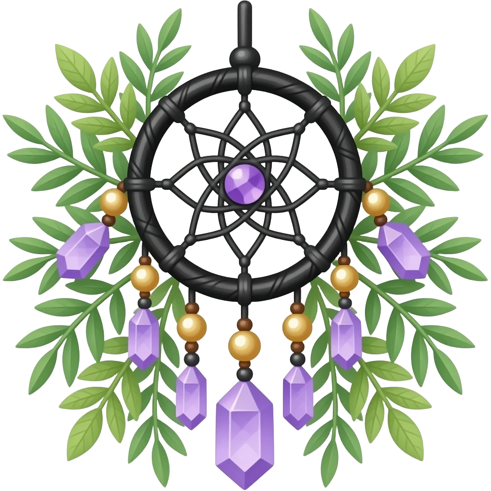 Black and white dreamcatcher with amethyst crystals, gold pearls, and green plants emoji