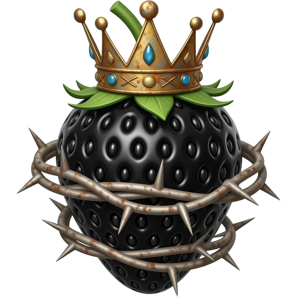 a black strawberry that has a rusty, richly decorated royal crown instead of a stem. A crown of thorns is wrapped around the strawberry's body  that spins around its body emoji