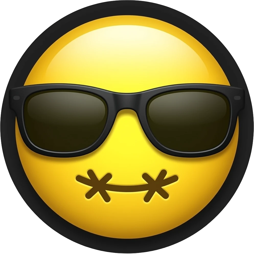 Emoji de cara redonda amarilla con gafas de sol oscuras, la luz se refleja en su superficie, . que el fondo sea negro con la boca con puntos de sutura en forma de x emoji