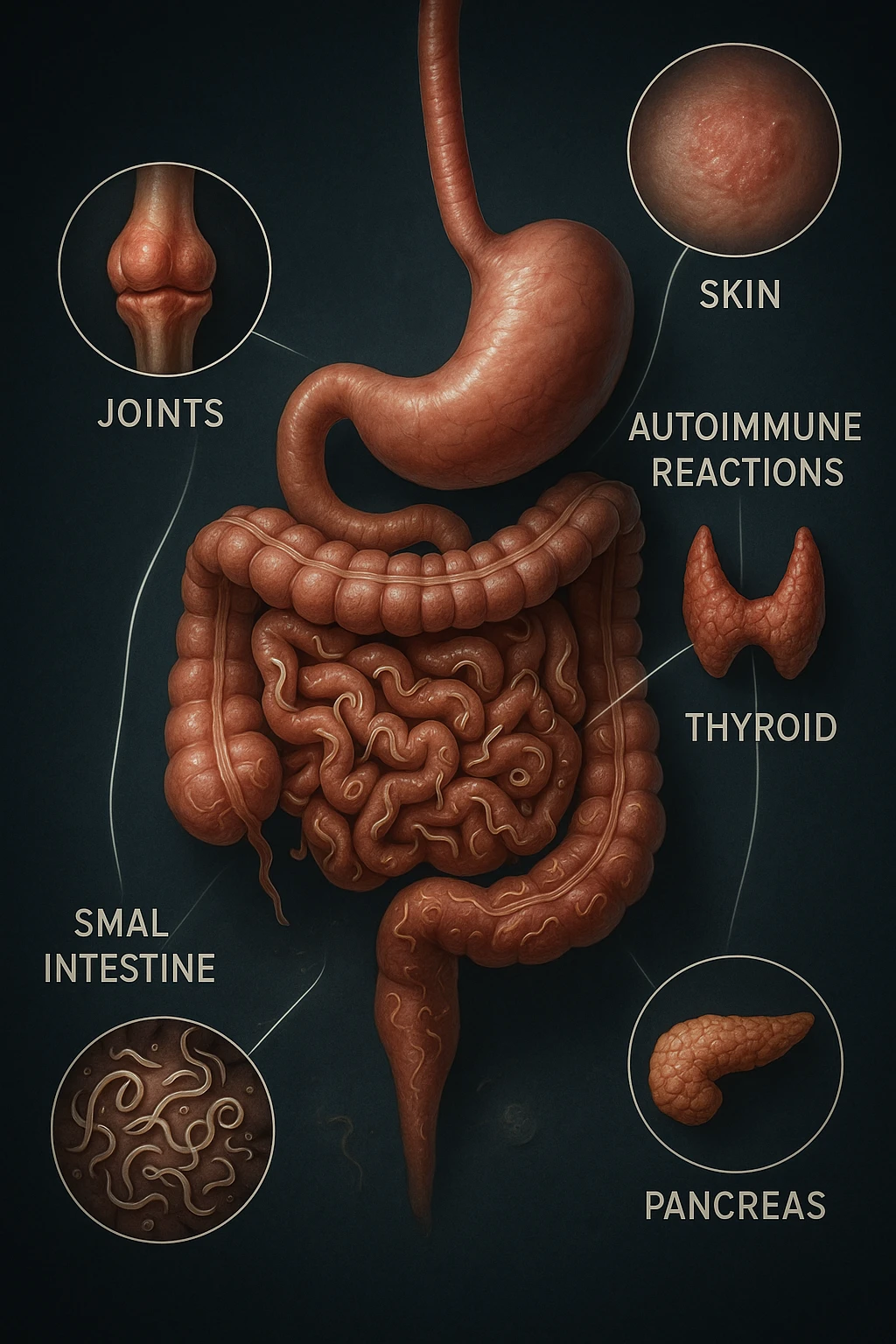 Create a vertical, detailed and realistic depiction of the human digestive system with intestinal parasites, and visual links to autoimmune reactions in specific organs such as joints, skin, thyroid, pancreas, and intestines. Use cinematic clinical lighting and maintain a 2:3 aspect ratio. emoji