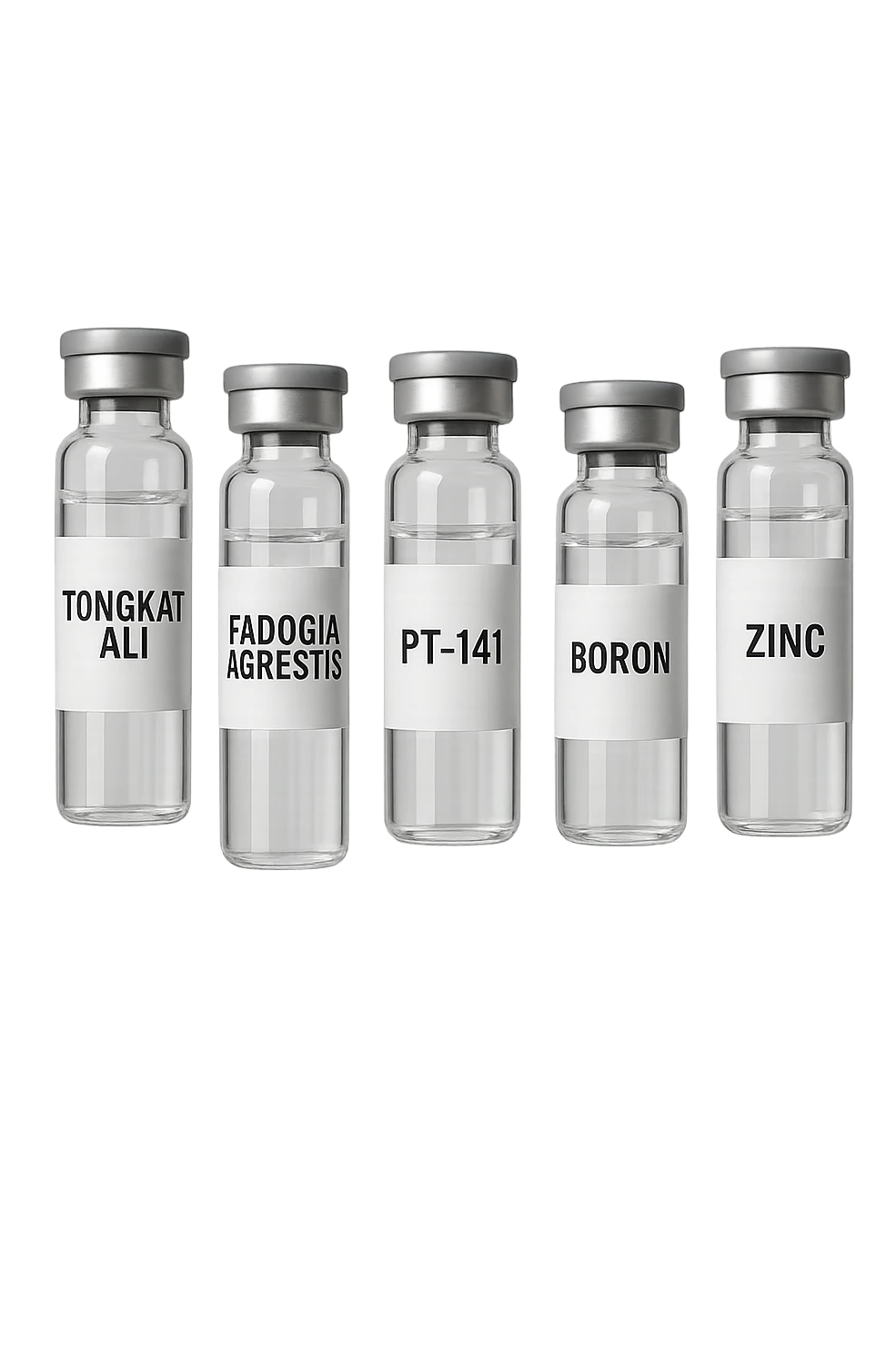 3 fiale mediche: Tongkat Ali, Fadogia Agrestis, PT-141, Boron e Zinco fluttuano in aria verticalmente emoji