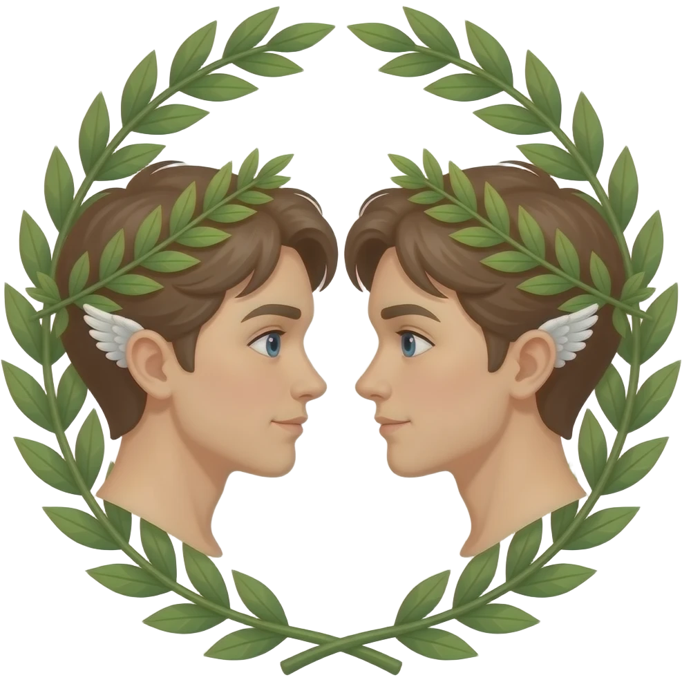 twins, two faces in profile in a parallel composition, they have small wings instead of ears and a laurel wreath around their heads emoji