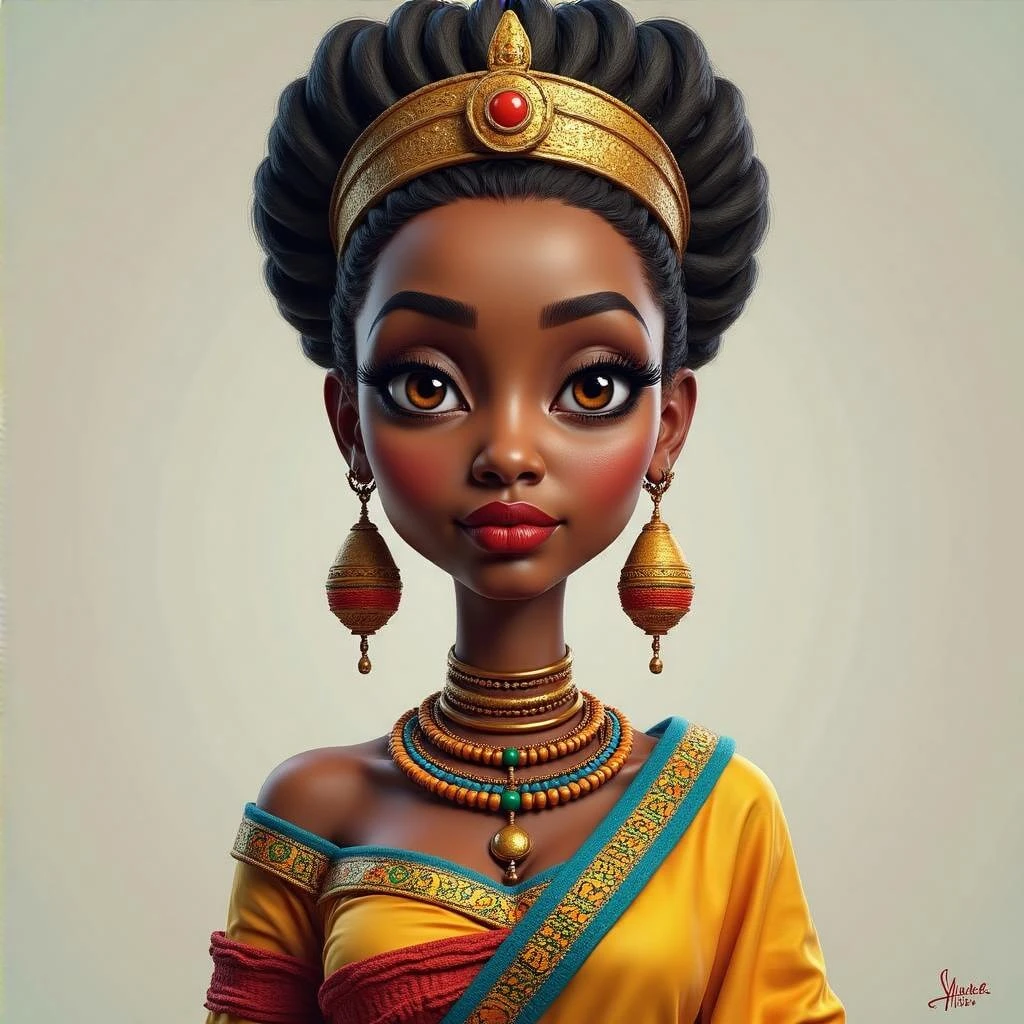 Create me a Stylized 3D Character Art of an beautiful Ethiopian Queen of Sheba wearing traditional modern Ethiopian dress. Make it have a balance of realism and caricature. Make the image a portrait size  emoji
